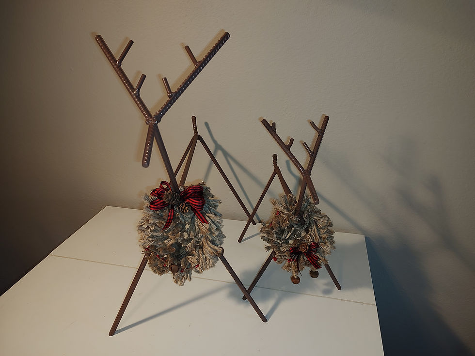 Welded rebar in the shape of reindeer. Indoor /outdoor display uses.