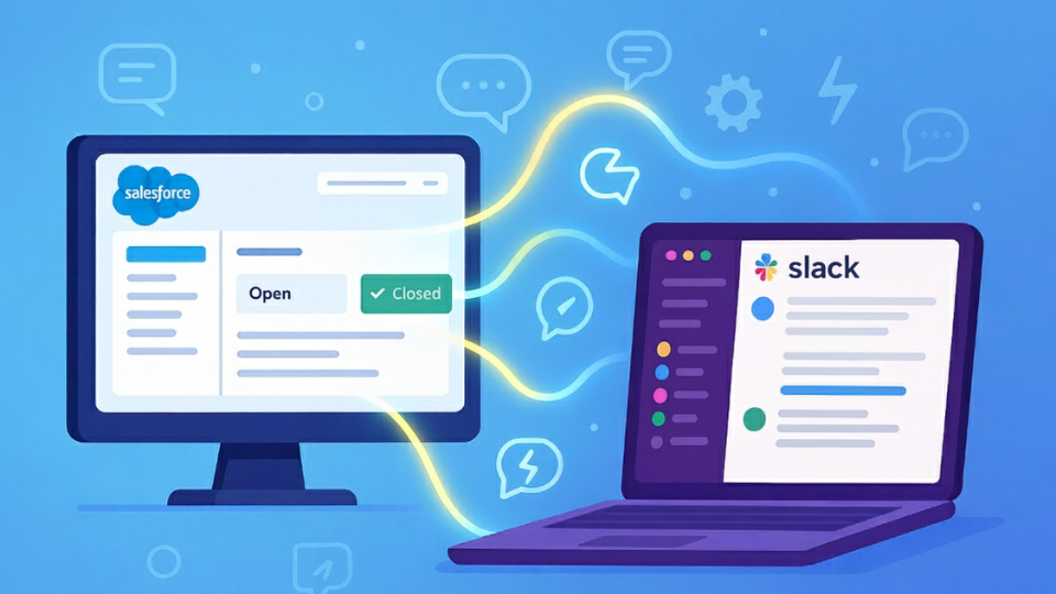 Illustration demonstrating Salesforce and Slack integration, with data and communication flowing between a Salesforce case on a desktop monitor and a Slack conversation on a laptop screen, symbolizing seamless collaboration.