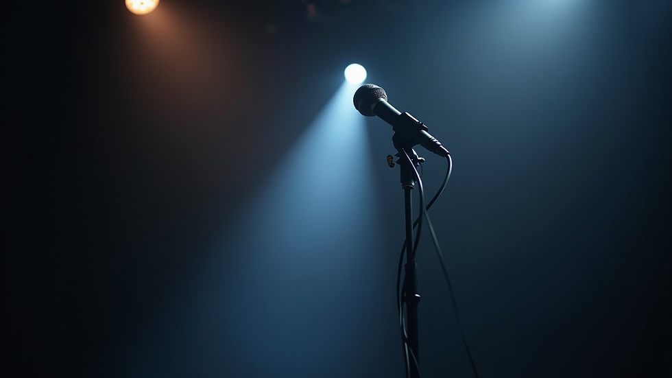 Close-up view of a stage spotlight illuminating a microphone stand