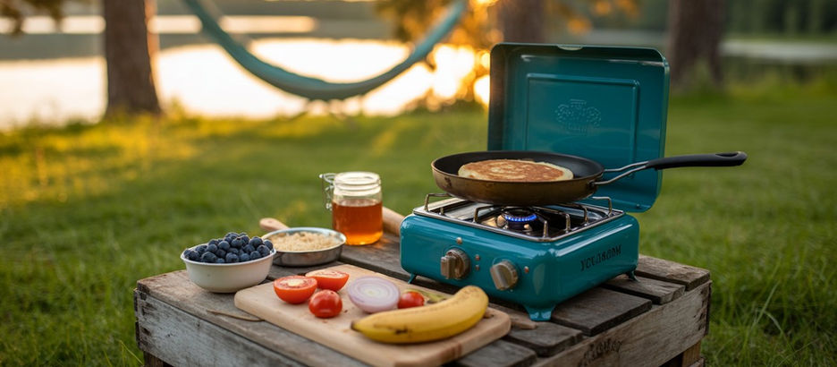 Campingkocher mit Pfanne und leckeren Zutaten an einem malerischen Seeufer
