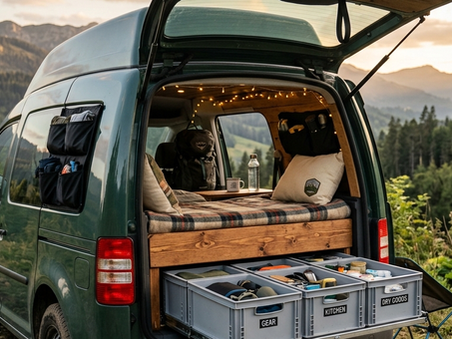 Organisierter Minicamper mit Euroboxen unter dem Bett und Fenstertaschen im VW Caddy.