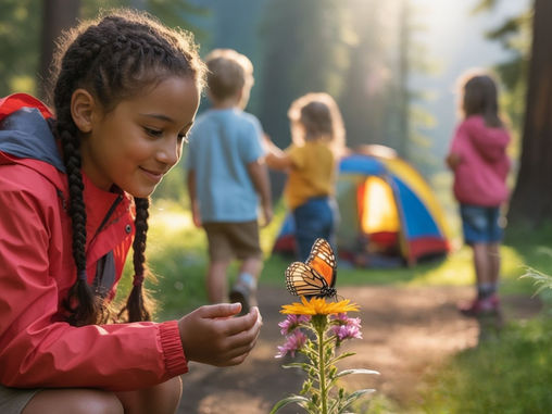 Vier Kinder im Wald, ein Mädchen beobachtet einen Monarchfalter der auf einer Blume sitzt