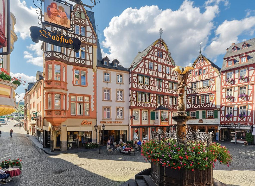 Blick in die Altstadt von Bernkastel mit einem Brunnen und Fachwerkhäusern