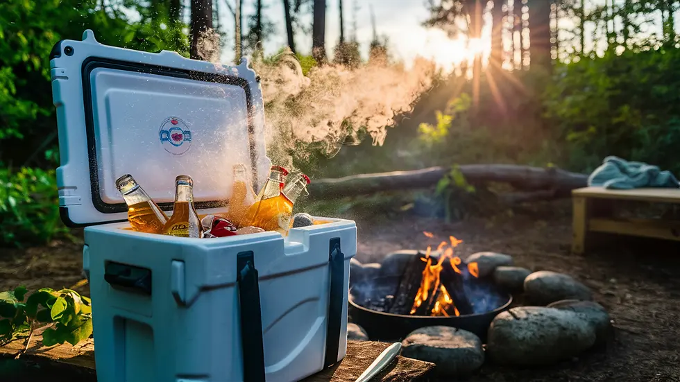 Kühlbox vor Lagerfeuer geöffnet mit erfrischenden Getränken gefüllt, kühler Nebel steigt auf