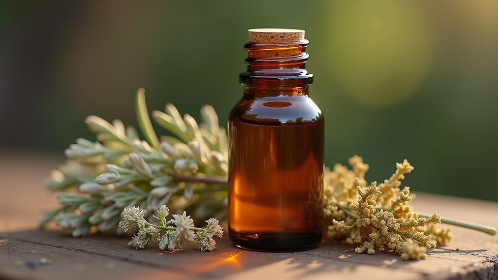 Close-up view of amber glass bottle with herbal tincture and dried herbs