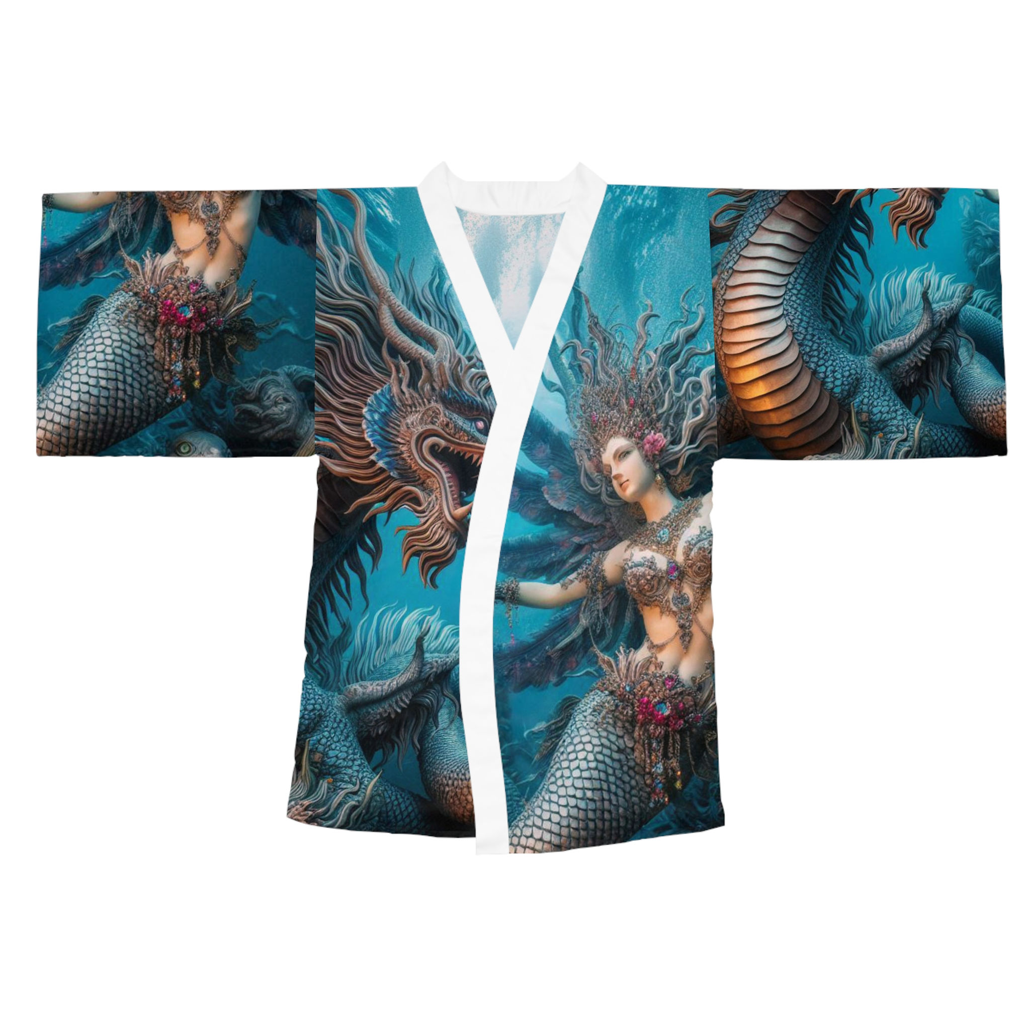 Mermaid & Dragon Long Sleeve Kimono Robe, Elegant Loungewear, Unique Gift,