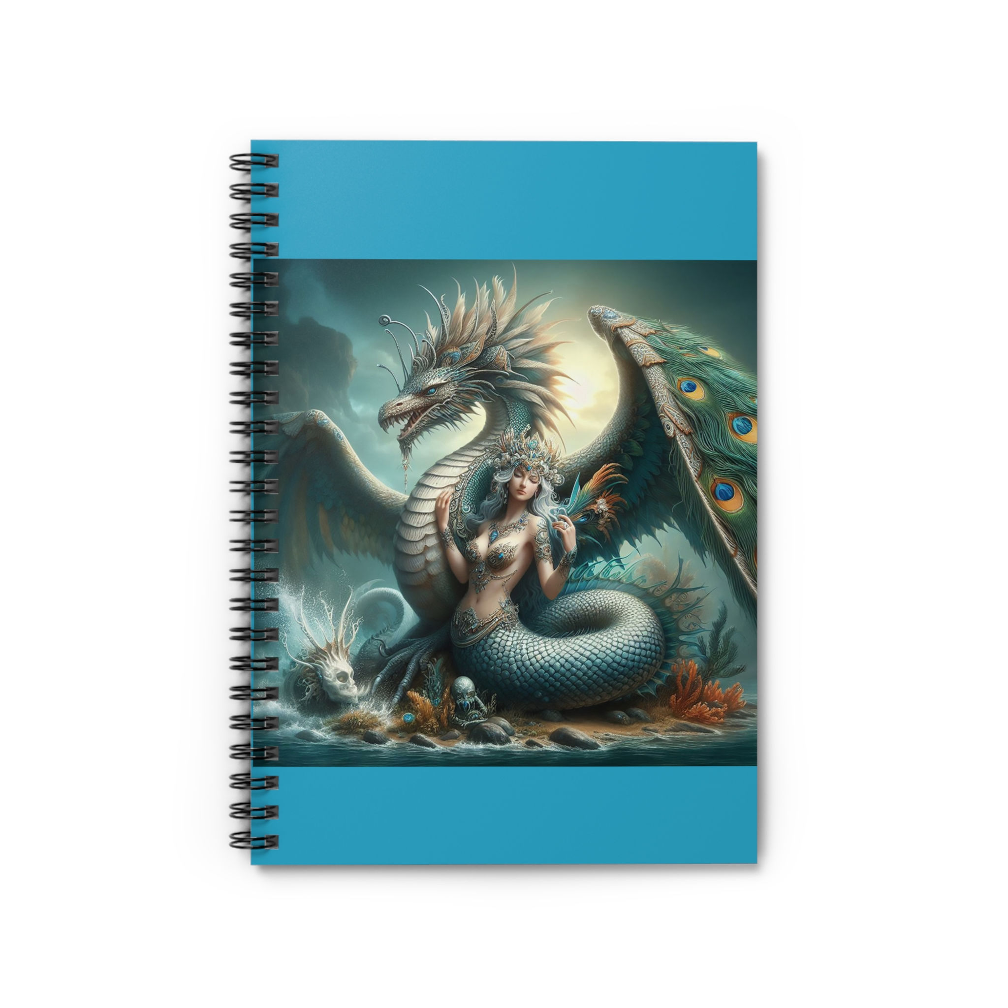 Fantasy Art Spiral Notebook - Mermaid & Dragon Theme, Ocean Lover Gift