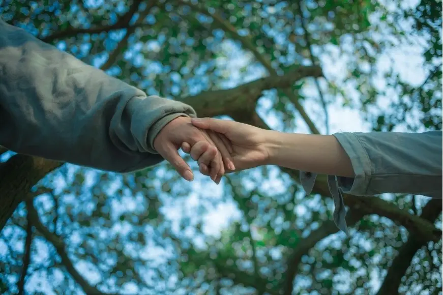 Nahaufnahme von zwei Händen, die sich berühren und halten, symbolisieren Trost und Unterstützung in der Trauer. Warmes Licht und grüner Baumhintergrund betonen das "Dasein" und den Halt auf dem Trauerweg.