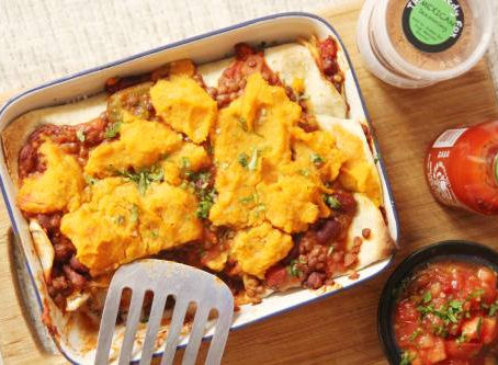 Vegan Chilli Enchiladas & Butternut squash queso’ish topping
