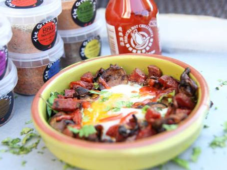 Baked Eggs with Mushroom and Chorizo by the Greedy Fox