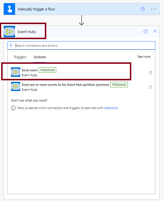 Select Send event action part of the Event Hub actions on Power Automate