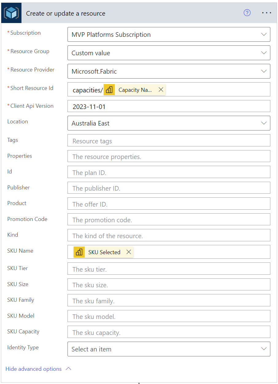 Power Automate Create or update a resource action in Azure resource manager