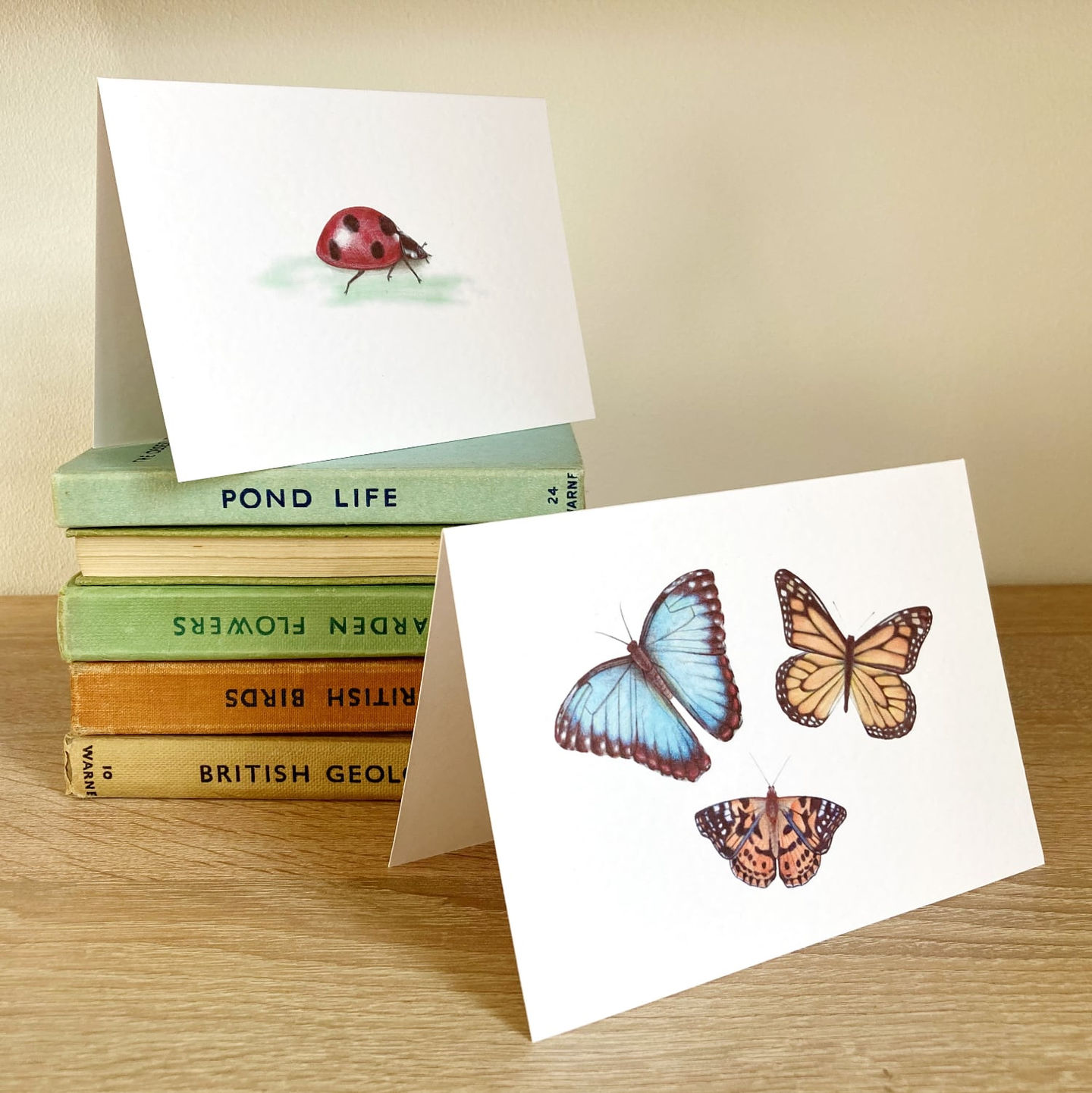 Two landscape oriented greetings cards displayed on a shelf. One card has a ladybird and the other card has a trio of different coloured butterflies. The butterflies are blue, light orange and dark orange. They include a monarch butterfly.