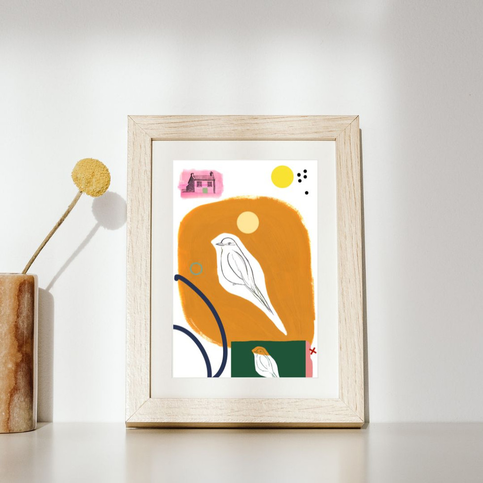 Neutral Photo Frame Mockup of 'Birds Outside The Pink House' Print by Kerry Wint.