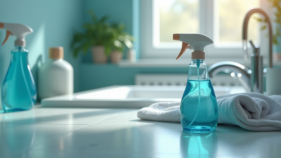 High angle view of disinfected surfaces with cleaning supplies