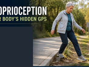 Older woman carefully stepping from a curb onto an uneven walking trail while looking at where she places her foot.