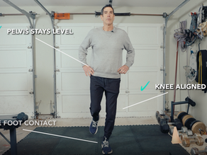 Man demonstrating proper single-leg balance form in a home gym, with cues showing pelvis level, knee aligned over toes, and stable foot contact