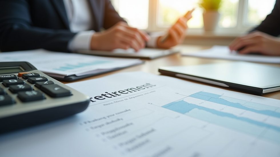 Eye-level view of a desk with retirement planning documents and a calculator