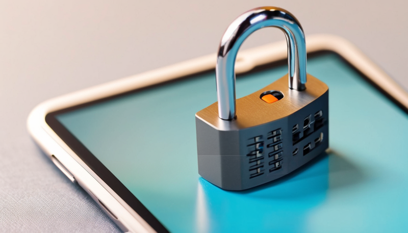 Padlock on tablet screen, Tech Security for Seniors, Families, and Businesses, digital data protection.