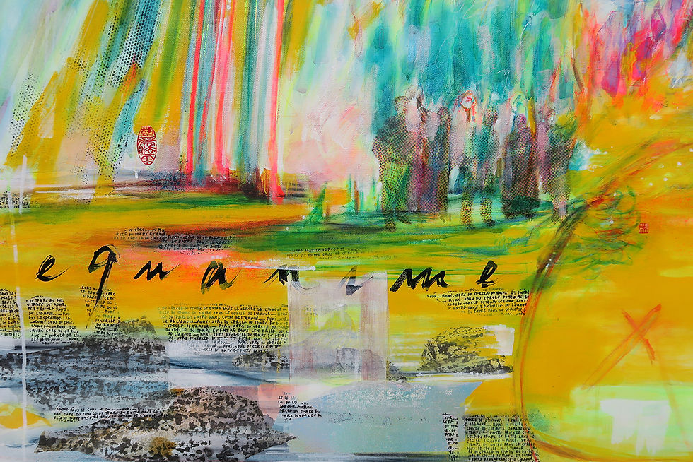 Thumbnail: AN EQUANIMOUS HEART HAS THE POWER TO DEFUSE ALL WARS
Original artwork on linen canvas, signed on the back and realized with mixed media techniques : acrylics, vinylics and pigments.
Format (French 50 Figure) : 45" 2/3 x 35" in.