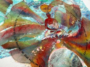 AMITABHA | Original signed artwork created using mixed media: watercolor, sumi-e, pencil, and collage on Arches rough (“torchon”) watercolor paper. Size: 36 × 46 cm (≈ 14.2 × 18.1 inches) | © Caroline Maby