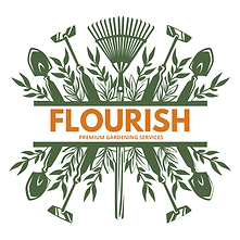 Logo of Flourish Gardening Services set against a vibrant green and orange background.