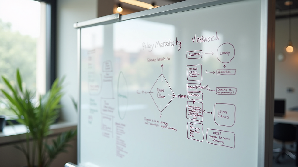 High angle view of a whiteboard with marketing strategy notes and diagrams