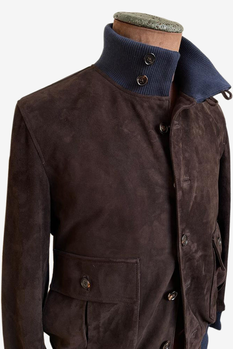 Thumbnail: Bespoke Brown Suede Leather Bomber Jacket with Navy Knitted Fabric