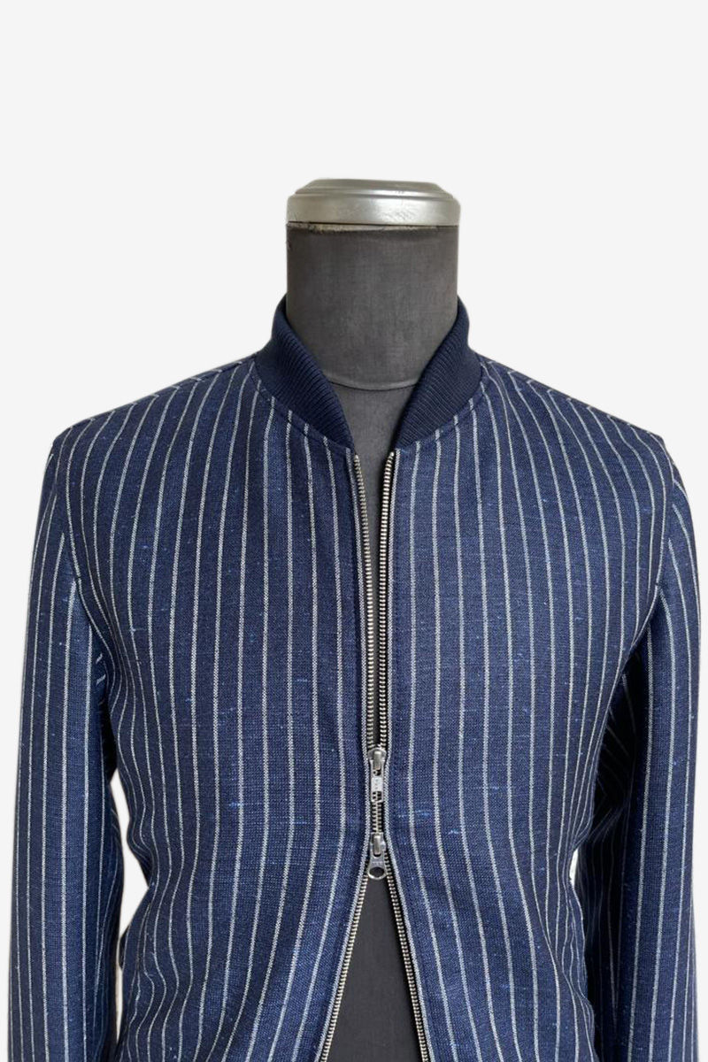 Thumbnail: Bespoke Navy Blue Straight-striped Linen Bomber Jacket