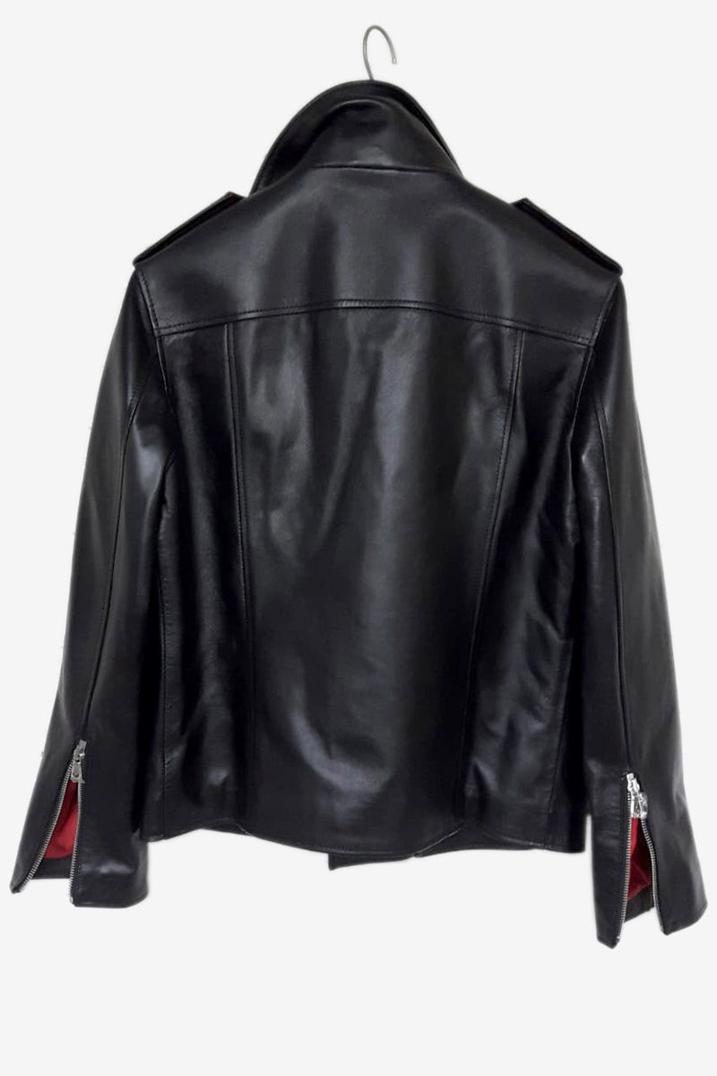Thumbnail: Bespoke Italian Black Lambskin Biker Jacket with Red Lining