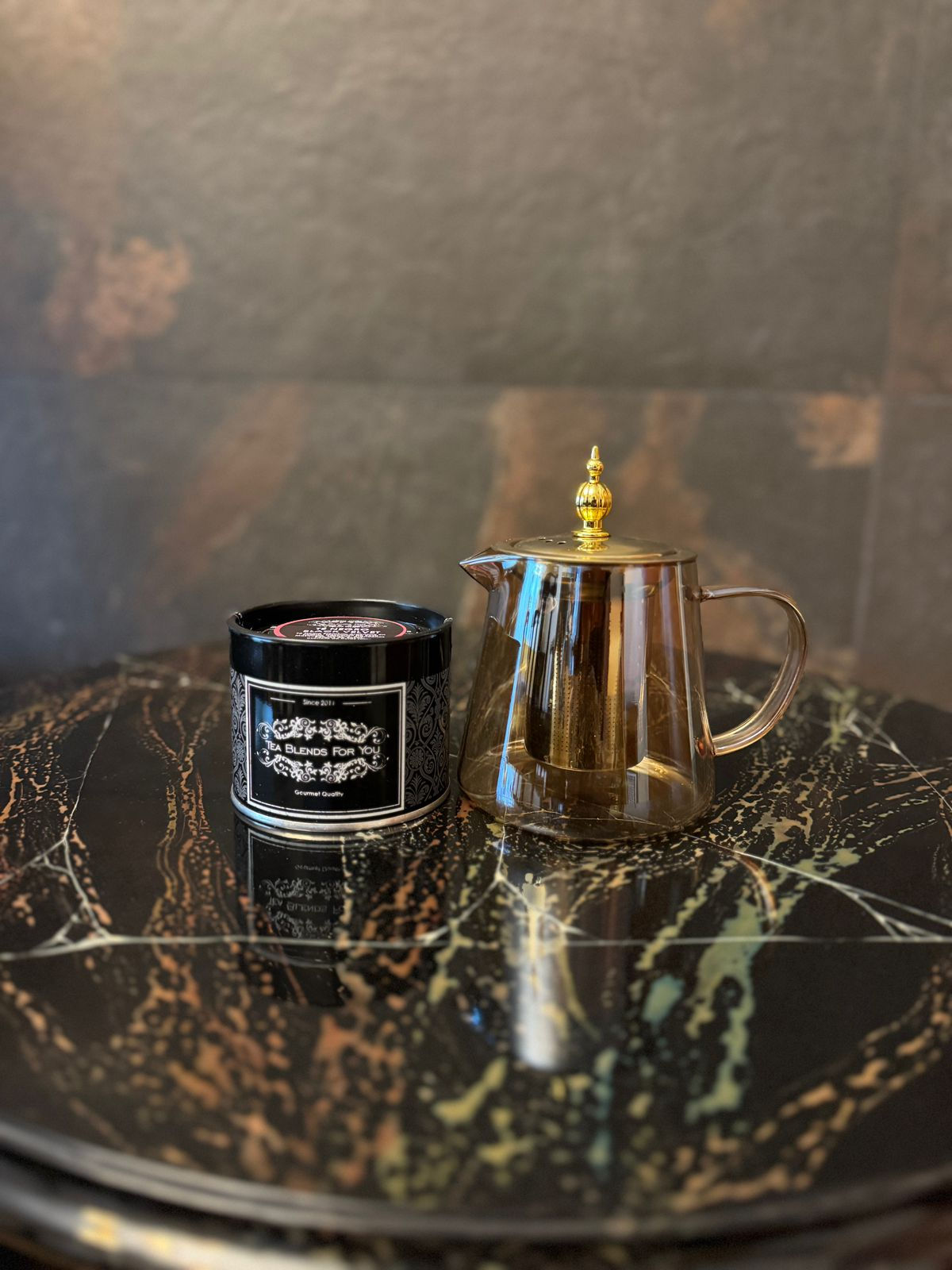 Tetera vidrio ambar dorado