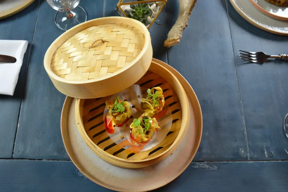 Pork shumai, pickled shrimp relish, chile oil