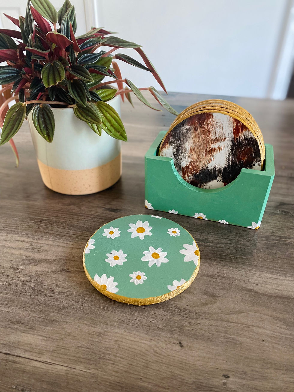 Thumbnail: Sage Green Daisy & Cow Print Coasters
