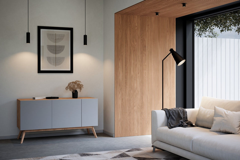 Thermo Aspen timber batten feature wall installed inside modern home