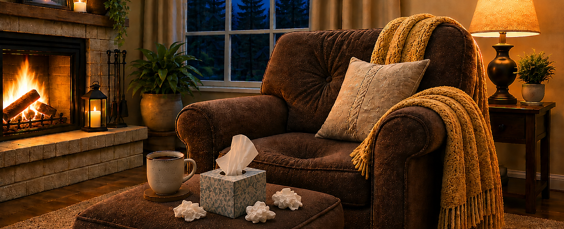 Comfort Companion living room representing grief, with an empty chair, tissues, and a warm quiet place for comfort and rememb