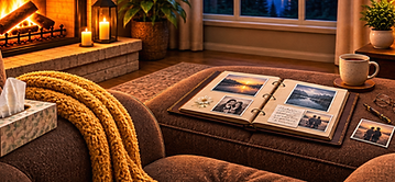 Comfort Companion scene representing grief and remembrance, with an open photo album, tissues, and a warm fireside place for