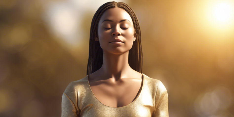 a woman meditating on a beautiful day her eyes are closed she has a small smile on her fac