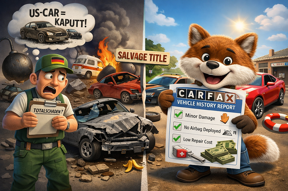 3D-Karikatur zum Thema US-Cars und Salvage Title: Ein humorvoller Vergleich zwischen dem Klischee ‚US-Auto gleich Totalschaden‘ und der Realität eines transparent dokumentierten Fahrzeugs mit CARFAX-Bericht. Die Illustration zeigt spielerisch, wie Fakten Vorurteile widerlegen.