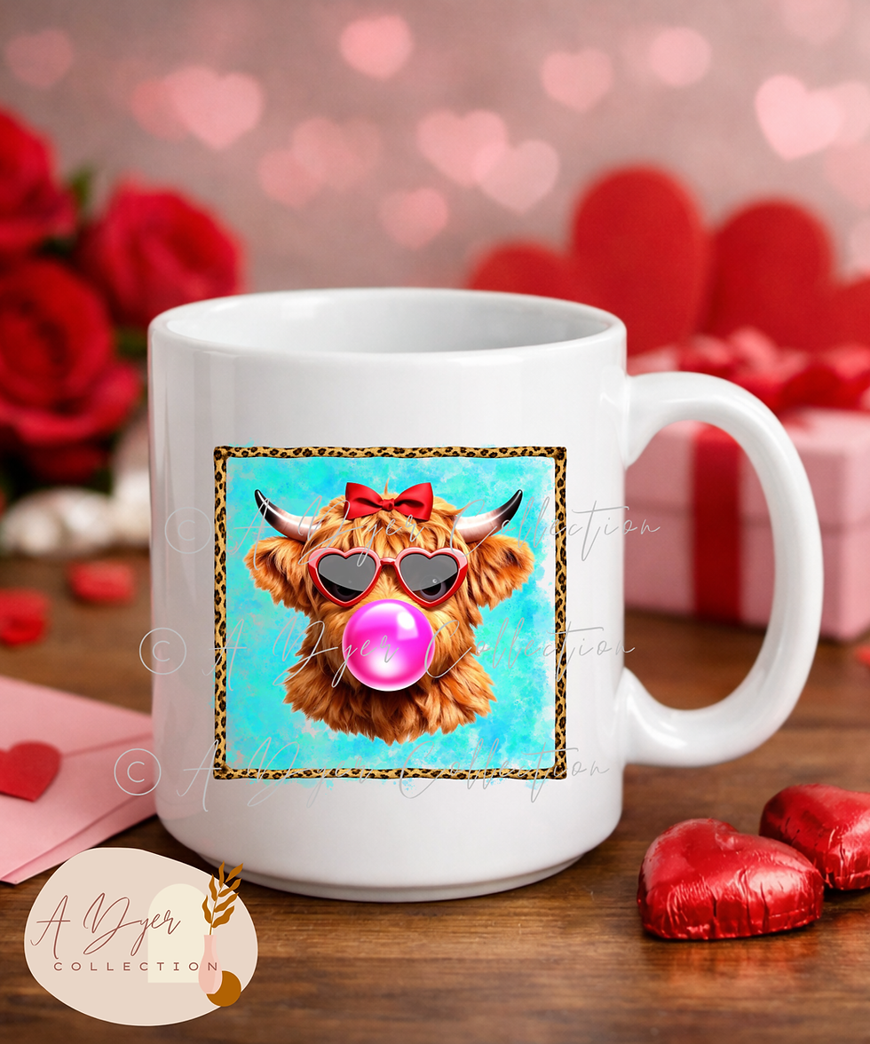 Thumbnail: Highland cow wearing heart-shaped sunglasses and a red bow, blowing pink bubblegum on a mug
