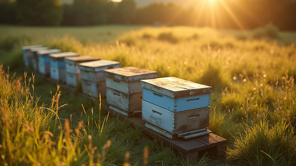 High angle view of a local beekeeping area with hives in a sunny pasture