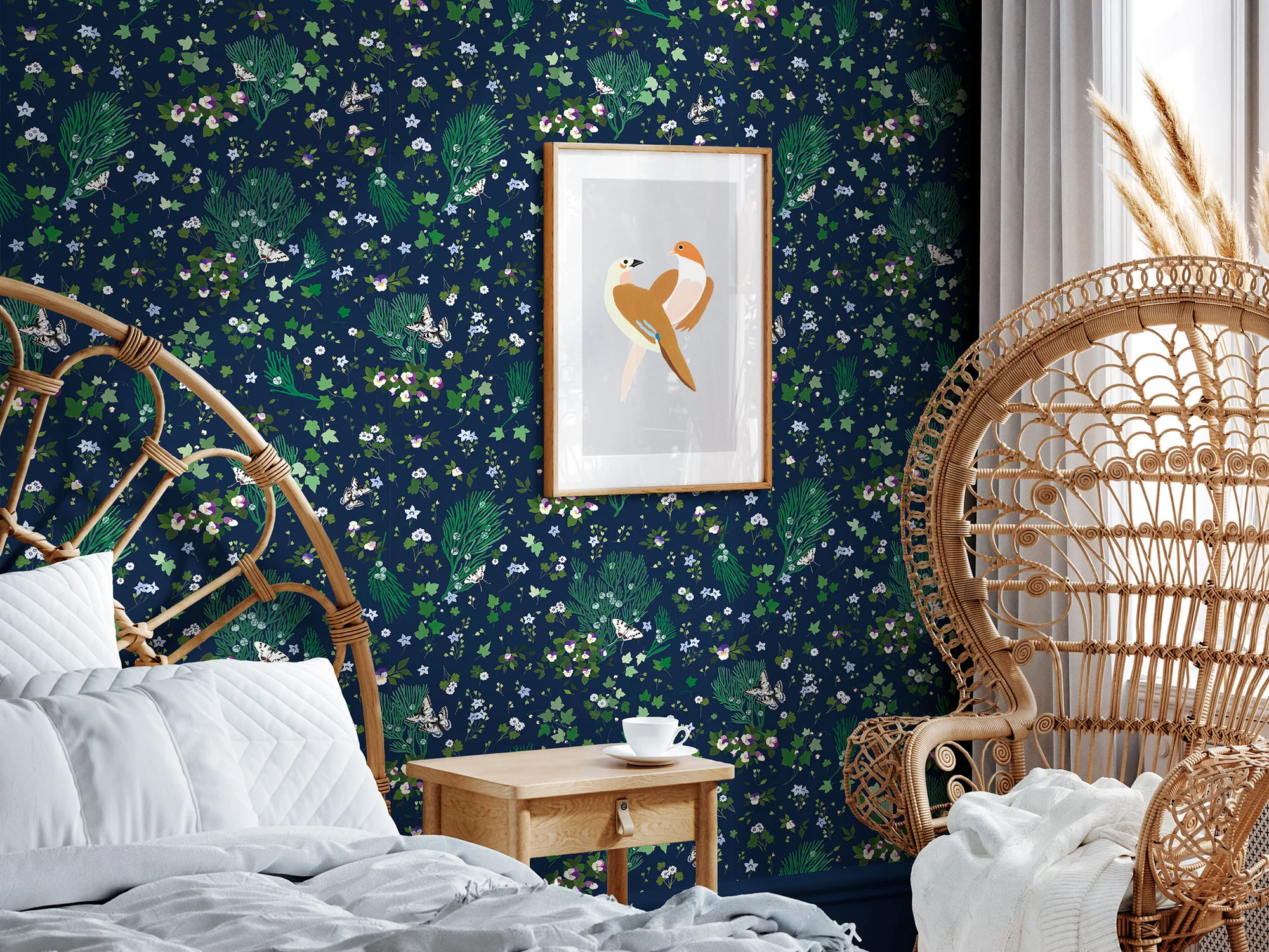 Décoration éco-responsable - Papier peint floral - Nuit d'Été - Bleu de minuit - Maison Bonami