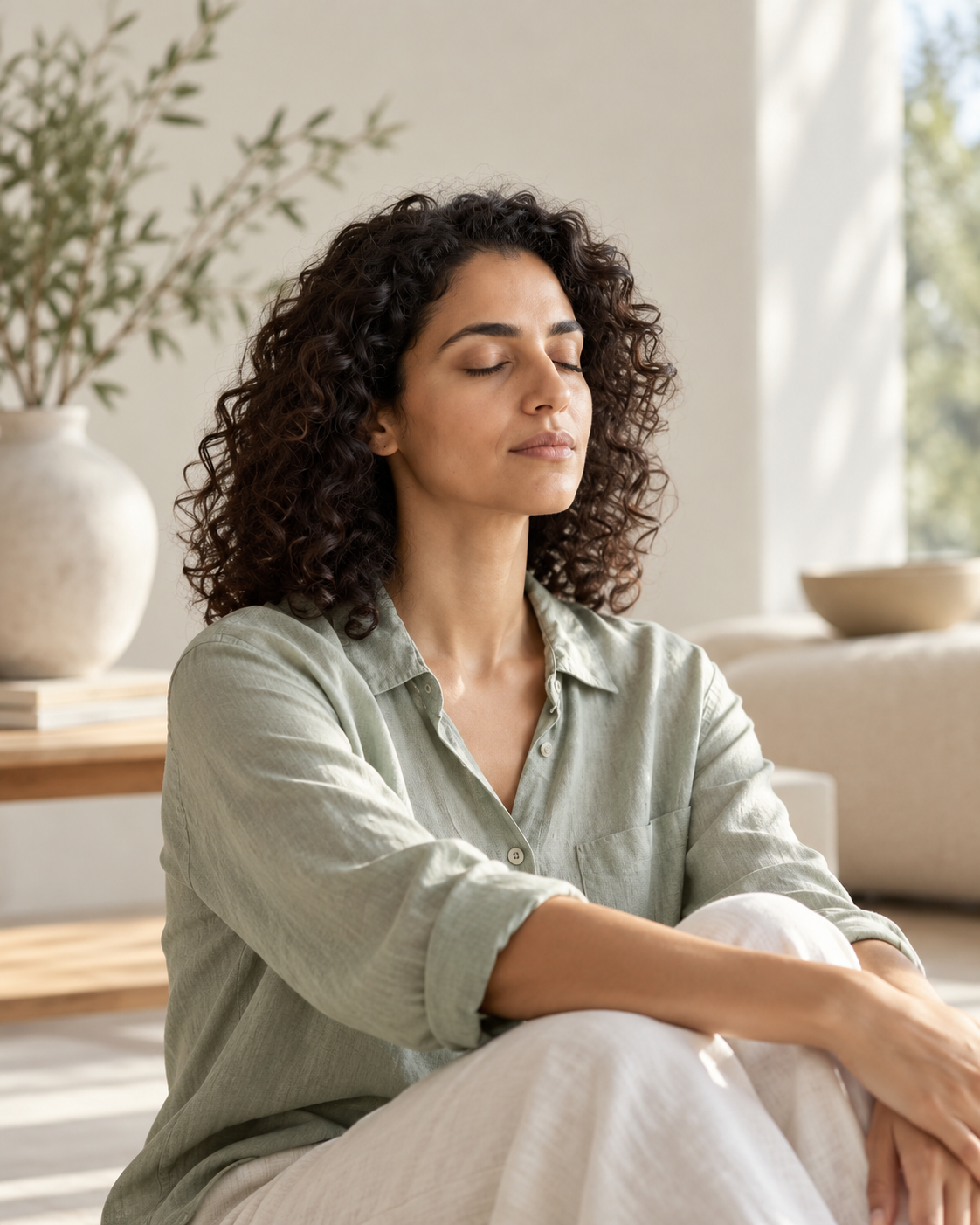 Illustrative wellness portrait of a woman practicing mindful breathing