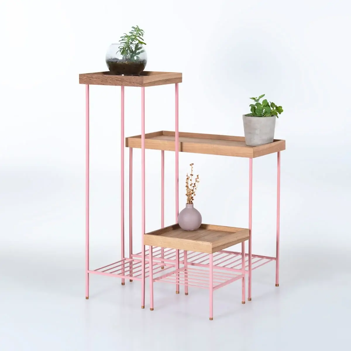 EDGE Solid Oak Side Table / Flower Pott Set Pink Metall Legs