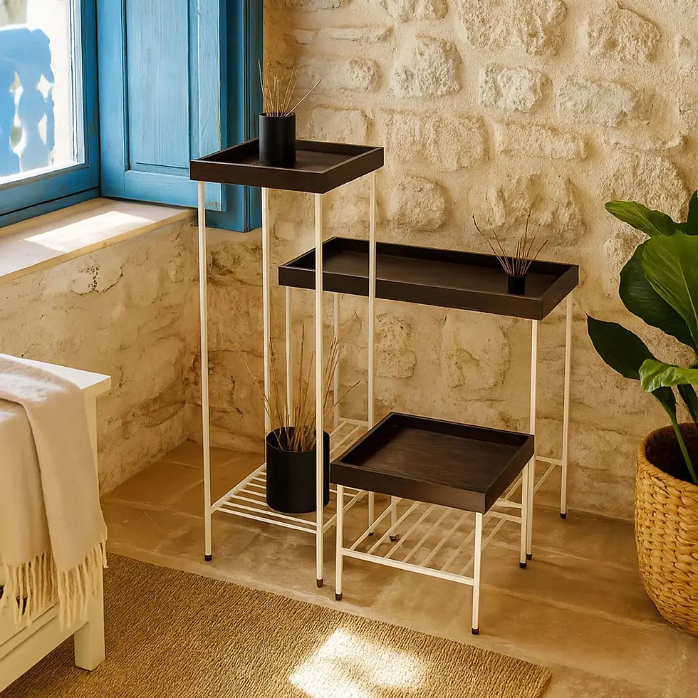 Thumbnail: EDGE Solid Oak Side Table / Flower Pott Set White Metall Legs