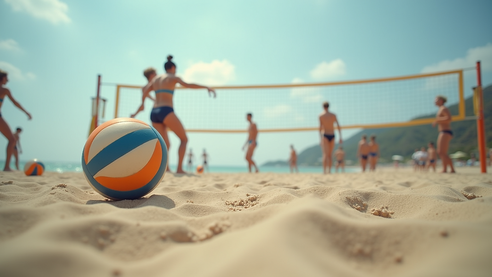 Eye-level view of a group of people playing beach volleyball