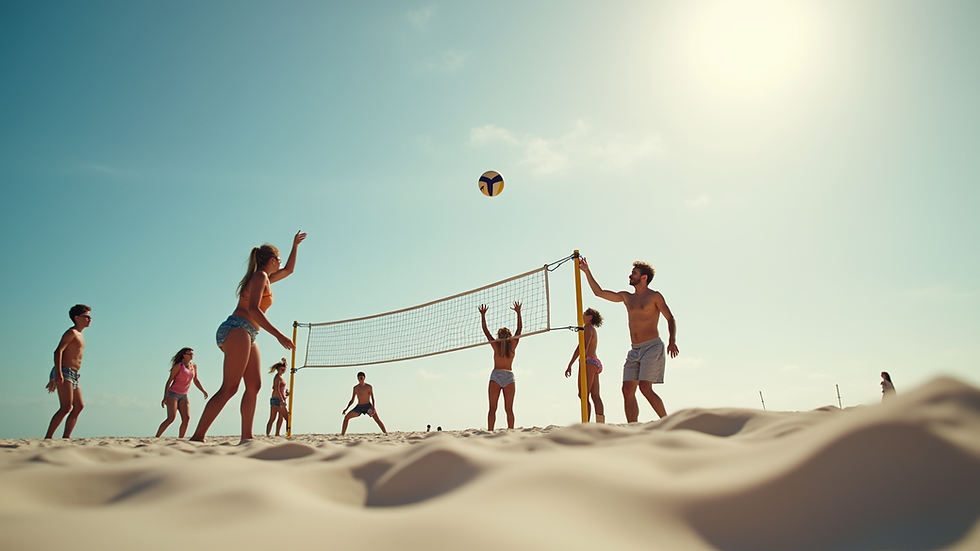 Eye-level view of a family playing volleyball on Daytona Beach sand