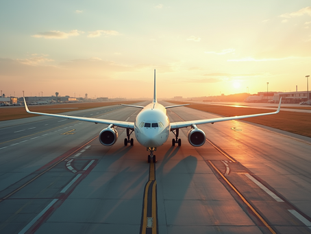 An airplane aligned on the runway with the rising sun in the background