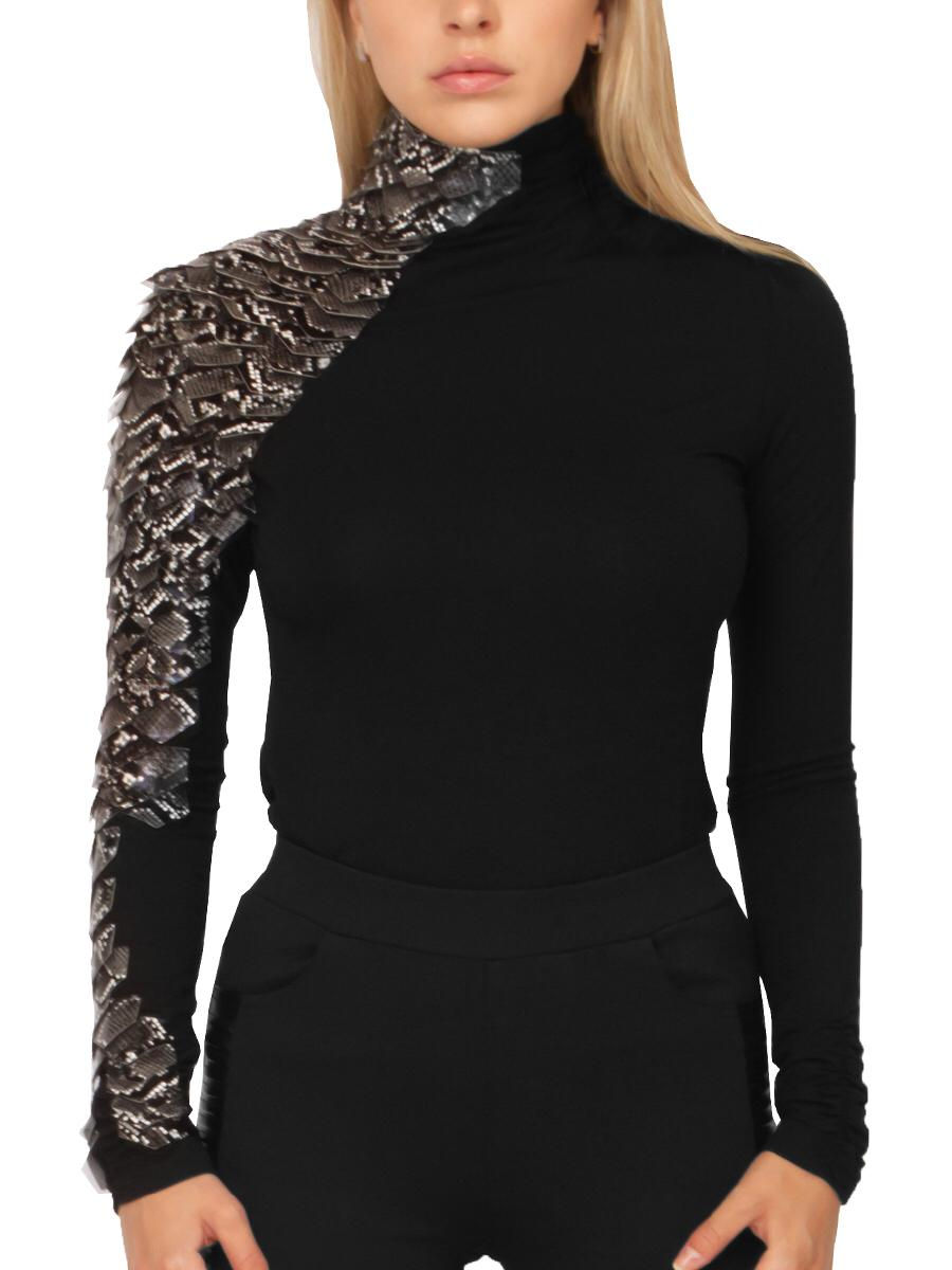 Thick Chick Long Sleeve One Side Snake Leather Mock Turtleneck