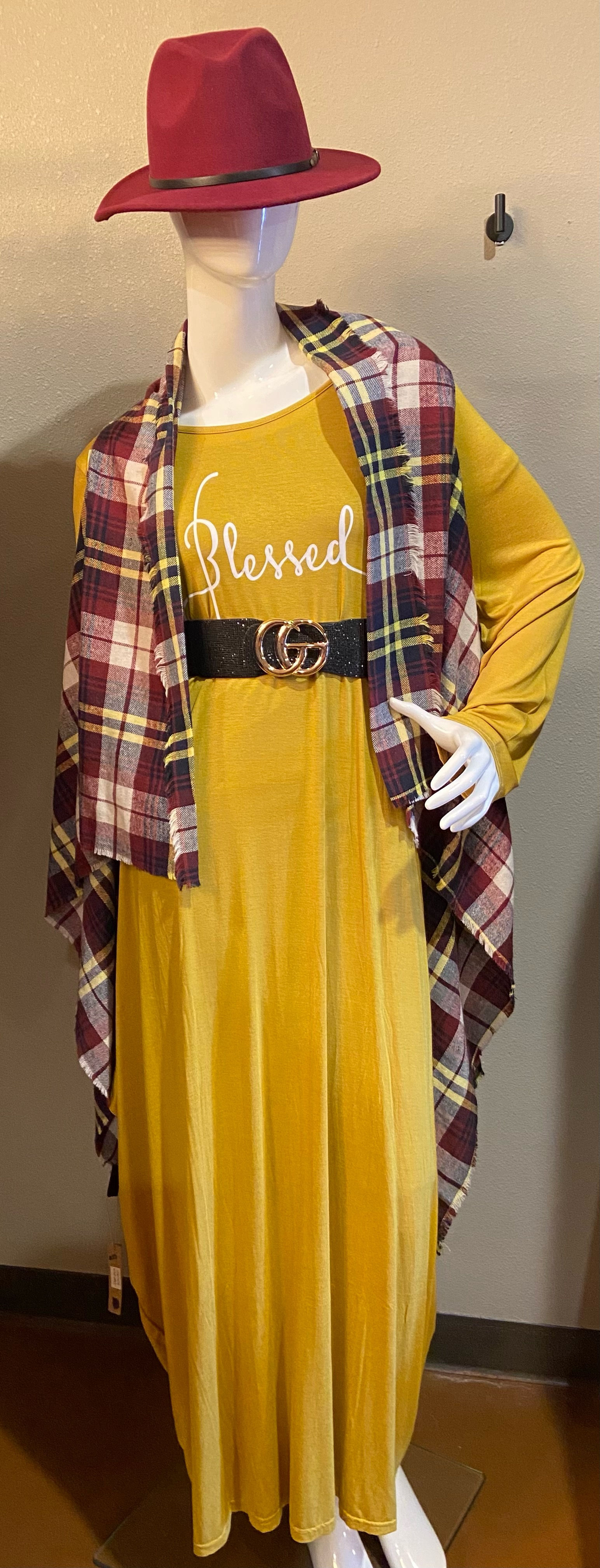 Burgundy & Mustard Plaid High Low Poncho