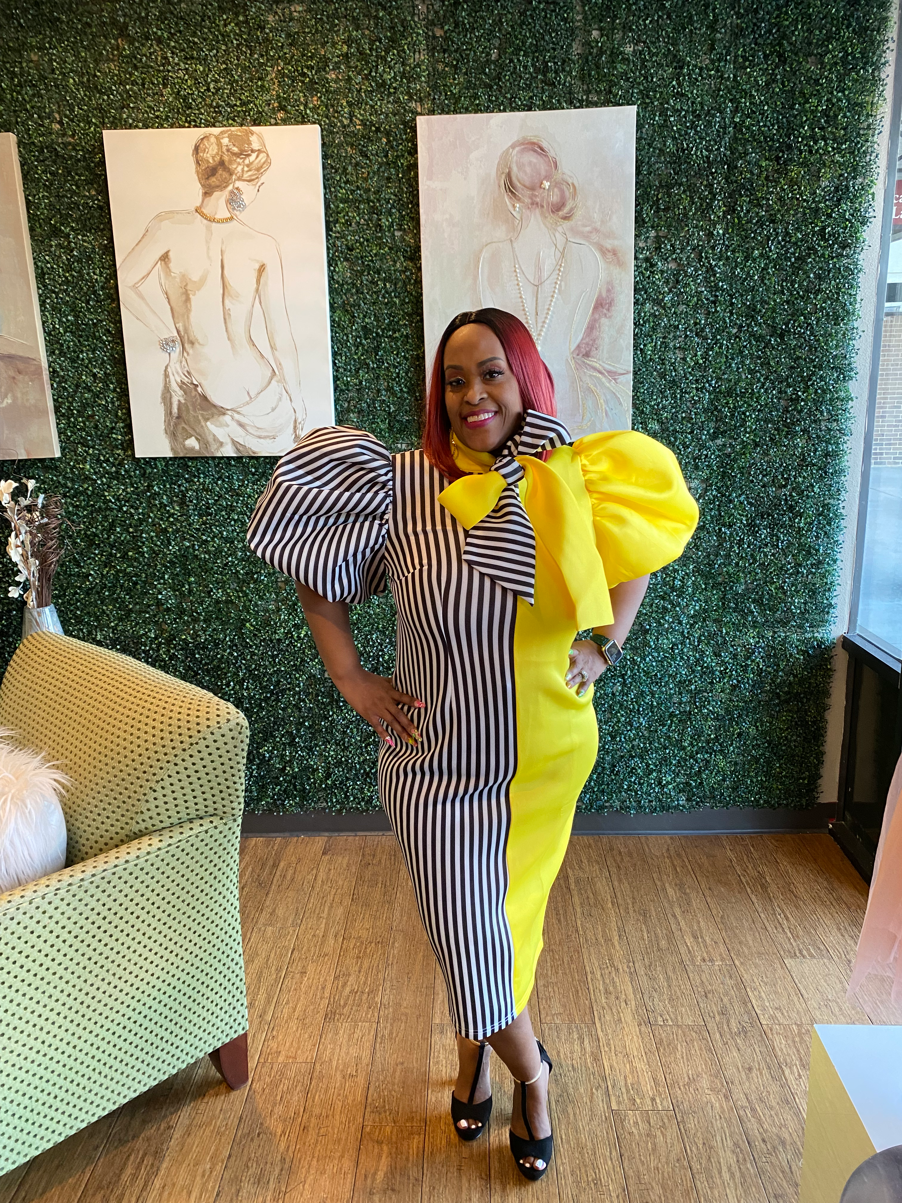 Stripe Yellow Print Scuba Knit Dress